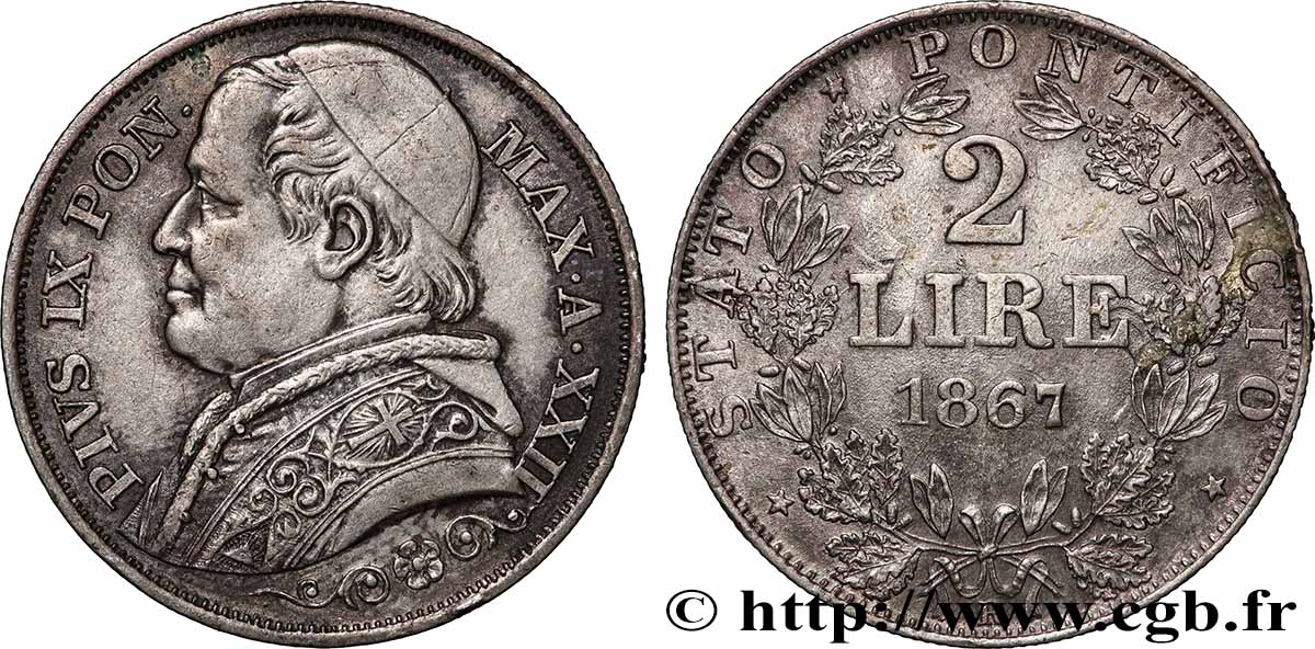 VATICAN AND PAPAL STATES 2 Lire Pie IX an XXII 1867 Rome XF 