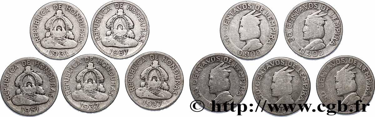 HONDURAS Lot 5 x 50 Centavos 1931-1951 Philadelphie VF 