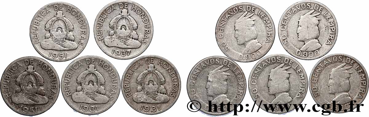 HONDURAS Lot 5 x 50 Centavos 1931-1951 Philadelphie TB 