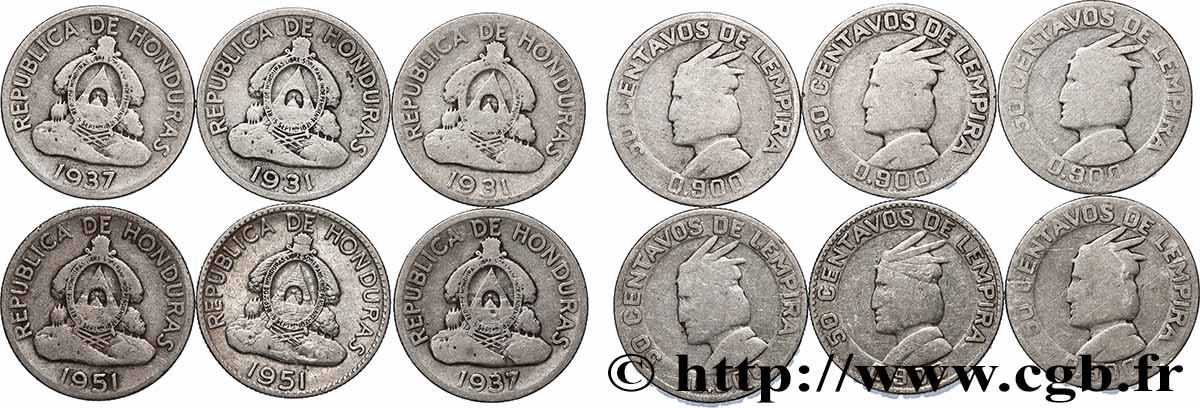 HONDURAS Lot 6 x 50 Centavos 1931-1951 Philadelphie VF 