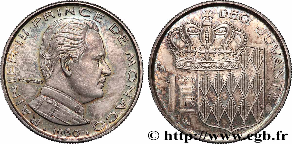MONACO - PRINCIPAUTÉ DE MONACO - RAINIER III Essai de 1 Franc argent Rainier III 1960 Paris SPL 