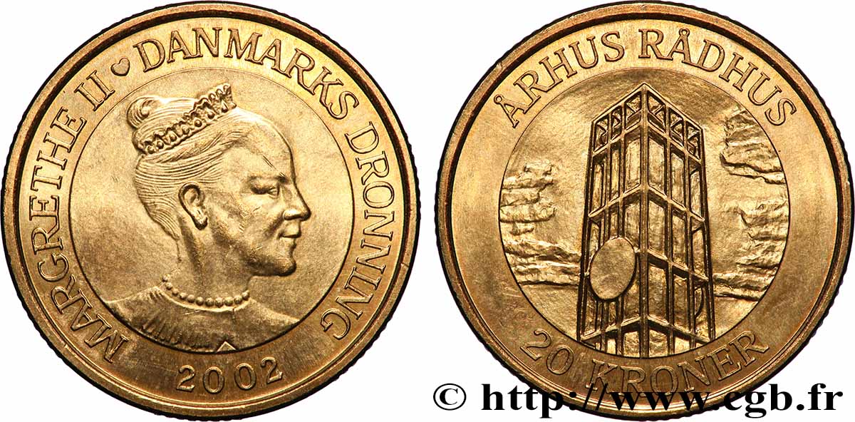 DENMARK 20 Kroner Margrethe II série des tours : tour de l’hôtel de ville de Århus 2002 Copenhague MS 