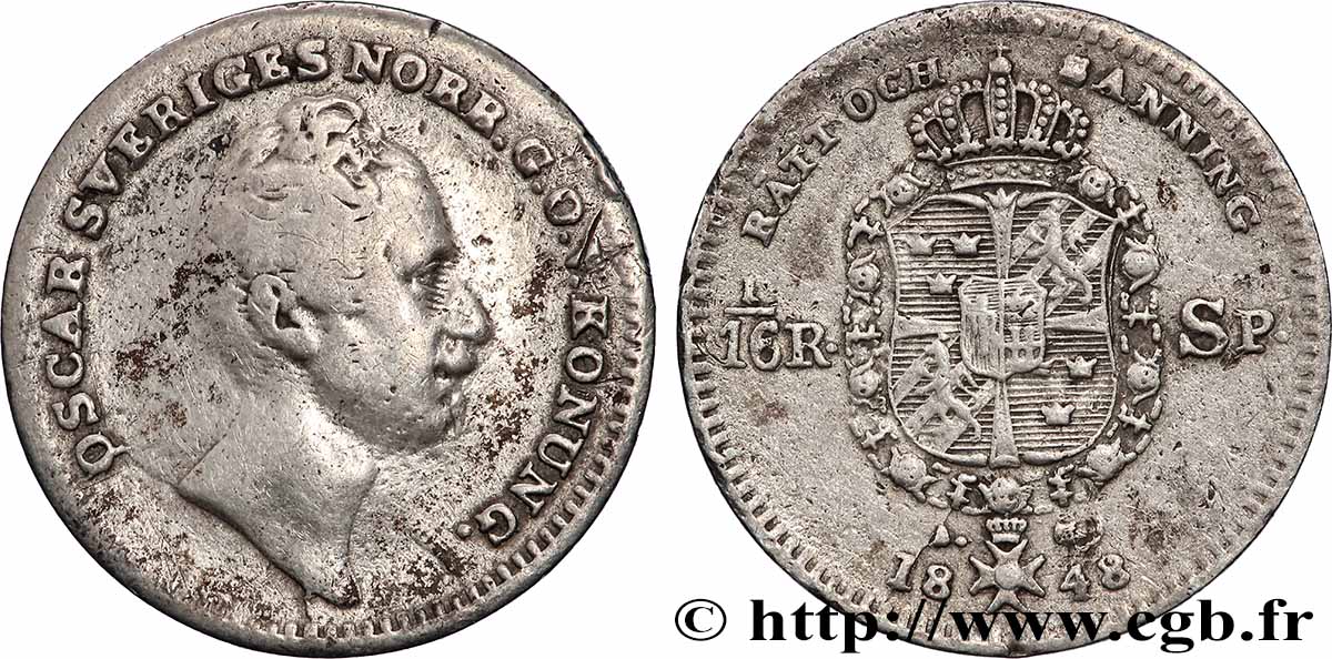 SWEDEN 1/16 Riksdaler Oscar I de Suède 1848  VF/XF 