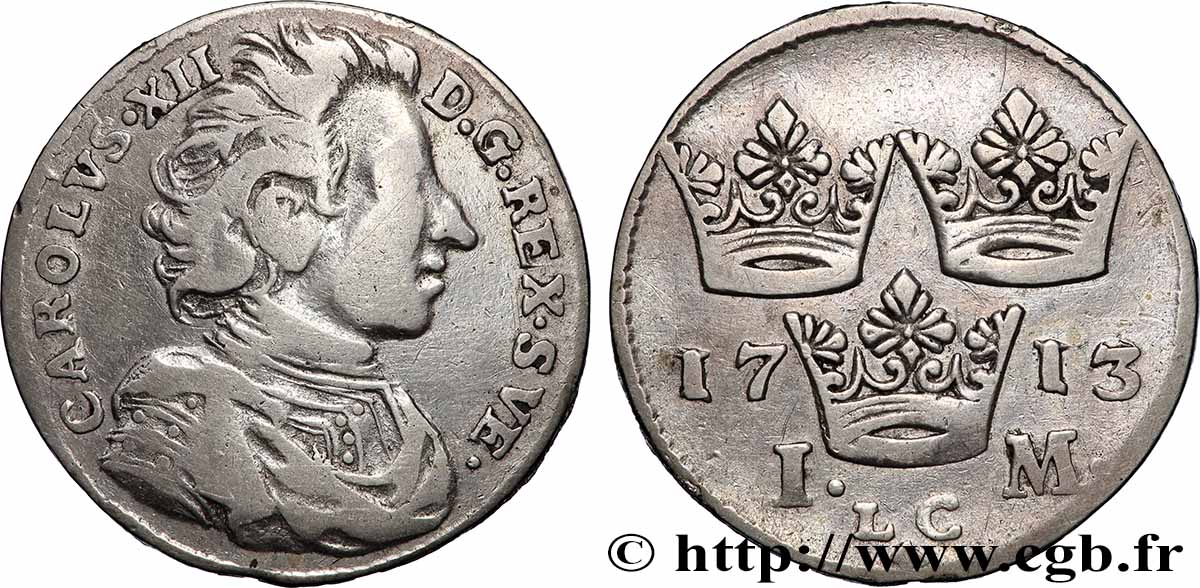 SWEDEN 1 Mark roi Charles XII / trois couronnes 1713 Stockholm VF 