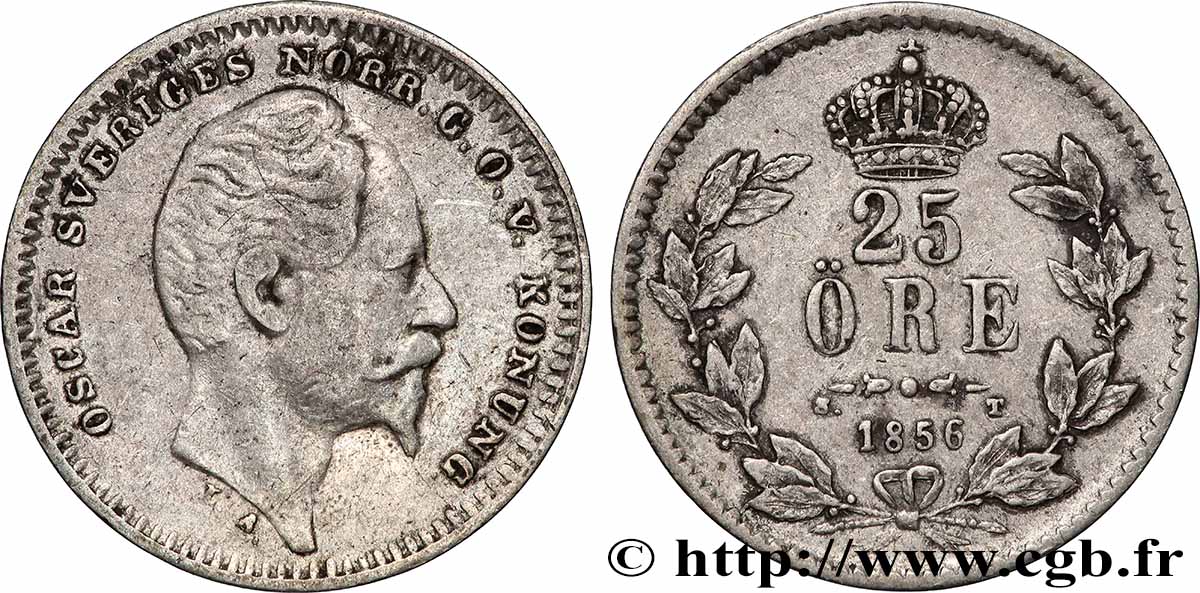 SUÈDE - ROYAUME DE SUÈDE - OSCAR Ier 25 Ore  1856  TTB 