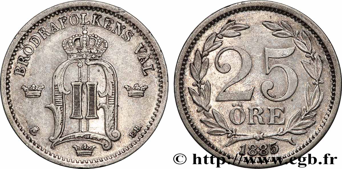 SWEDEN 25 Ore Oscar II de Suède et de Norvège 1885  AU 