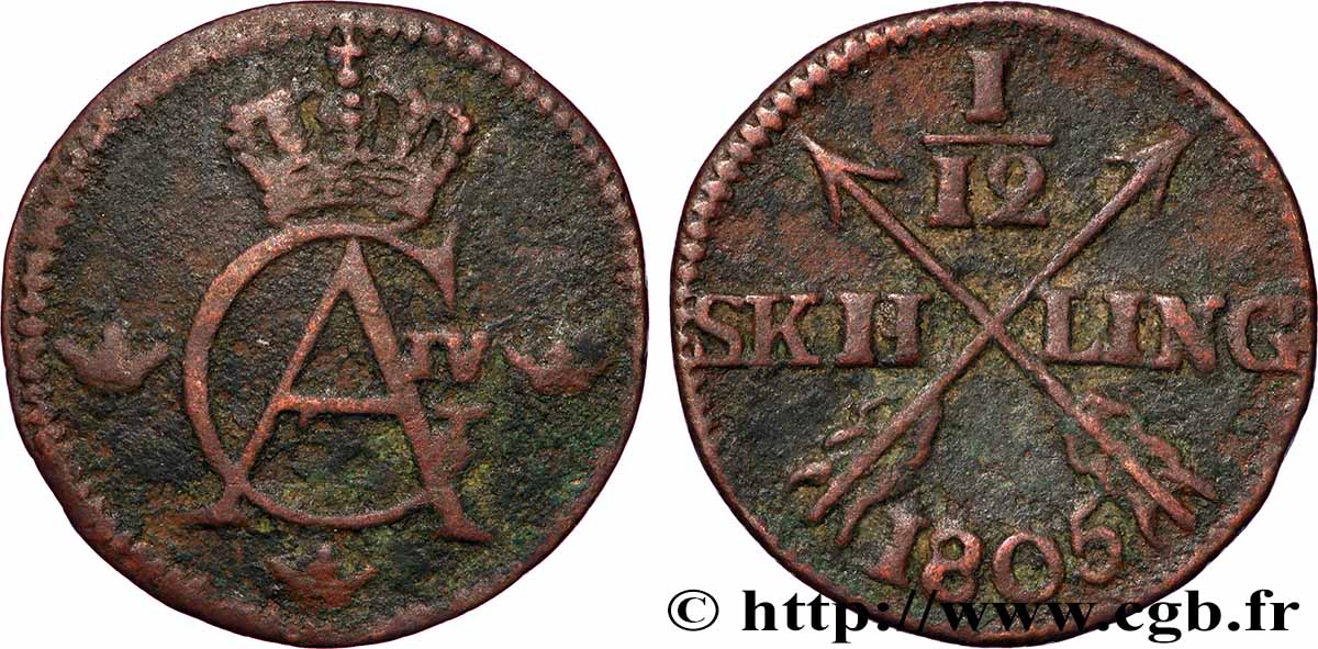 SUÈDE 1/12 Skilling Gustave IV Adolphe 1805  TTB 