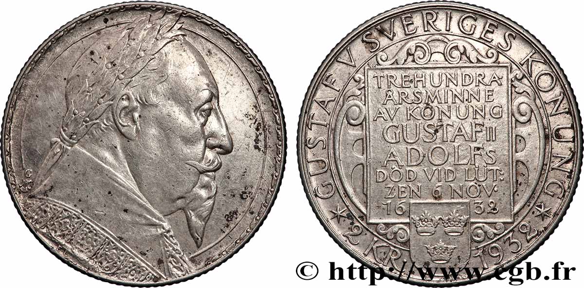 SWEDEN 2 Kronor 300e anniversaire du roi Gustave II Adolphe 1932  AU 