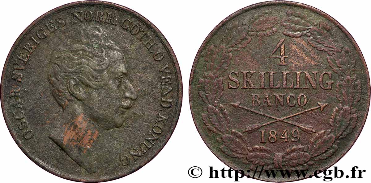 SUÈDE 4 Skilling Banco Oscar Ier 1849  TB+ 