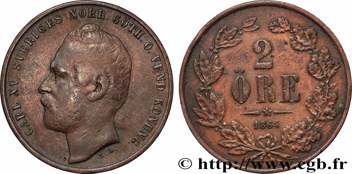 SUÈDE 2 Ore Charles XV 1864  TB+ 