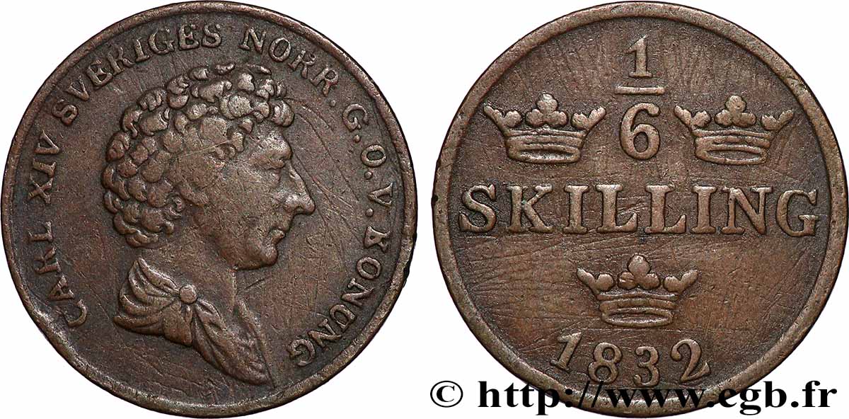 SUÈDE 1/6 Skilling Charles XIV 1832  TTB 