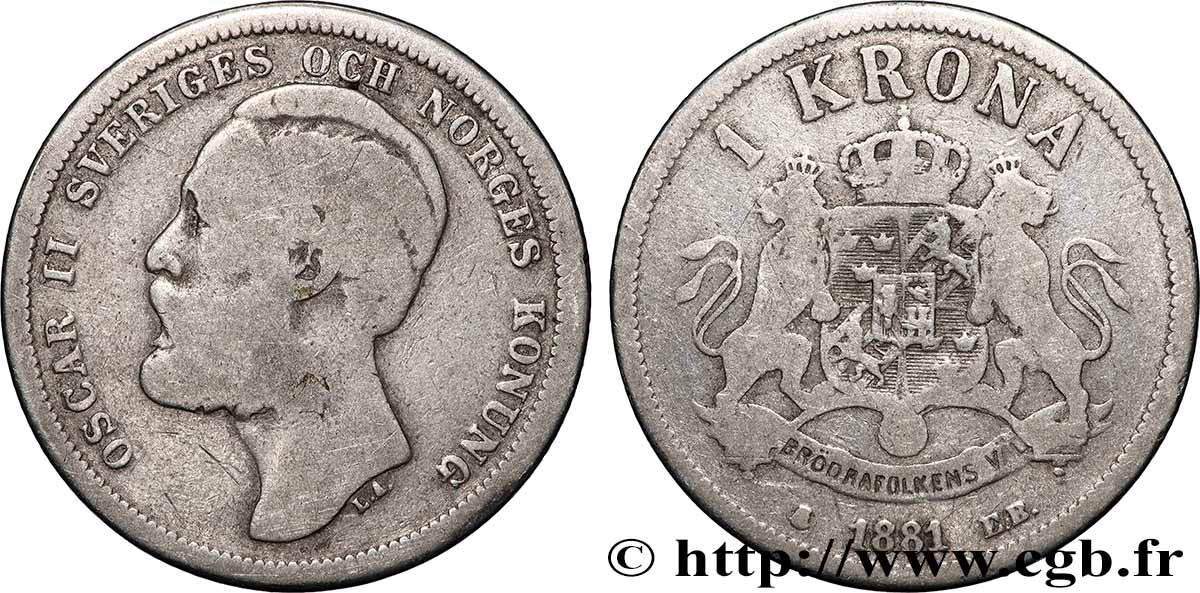 SWEDEN 1 Krona Oscar II de Suède et de Norvège 1881  VF 