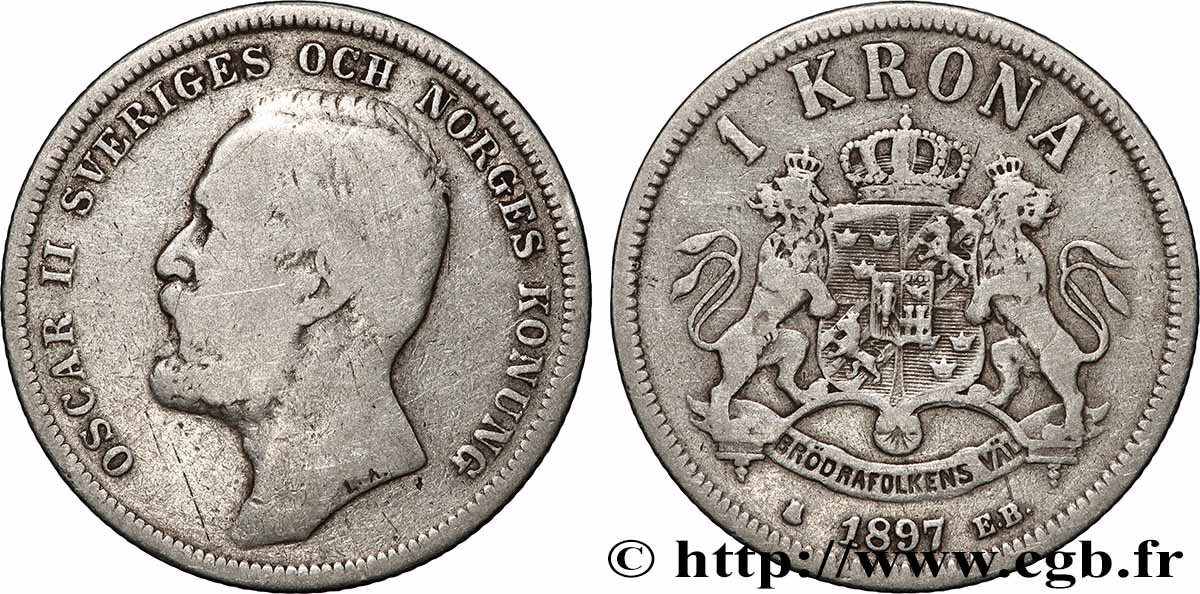 SWEDEN 1 Krona Oscar II 1897  VF 