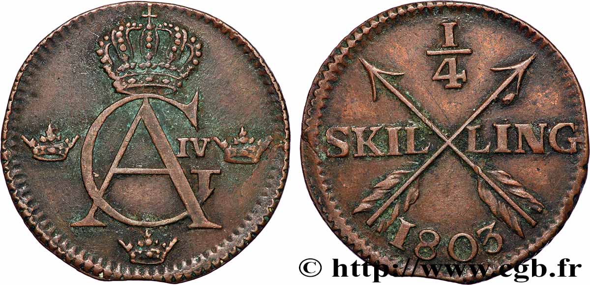 SUÈDE 1/4 Skilling monogramme du roi Gustave IV Adolphe 1803  TTB 