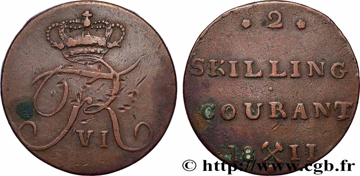 NORWAY 2 Skilling Frédéric VI roi du Danemark 1811 Kongsberg XF 