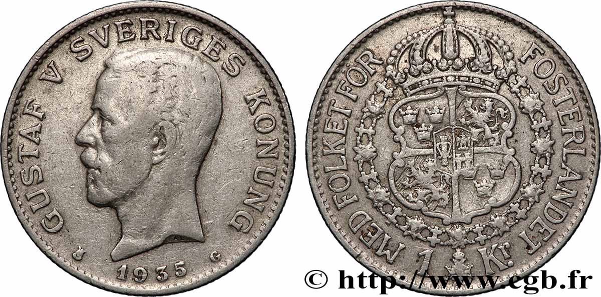 SUÈDE 1 Krona Gustave V 1935 Kungsholmen TB+ 