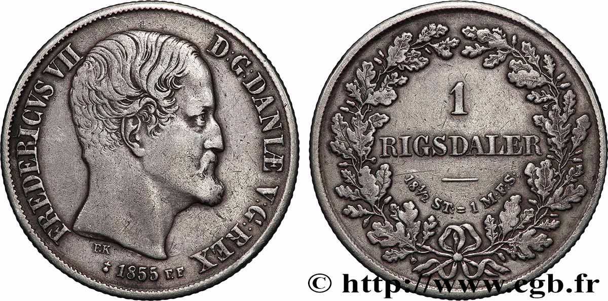 DANEMARK 1 Rigsdaler Frédéric VII 1855 Copenhague TTB 