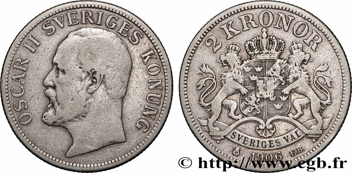 SWEDEN 2 Kronor Oscar II roi de Suède et de Norvège 1906  VF 