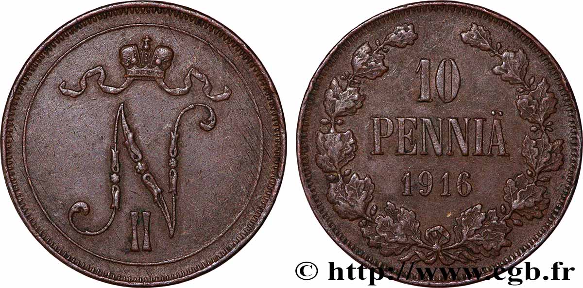 FINLANDE 10 Pennia Tsar Nicolas II 1916 Helsinki TTB+ 