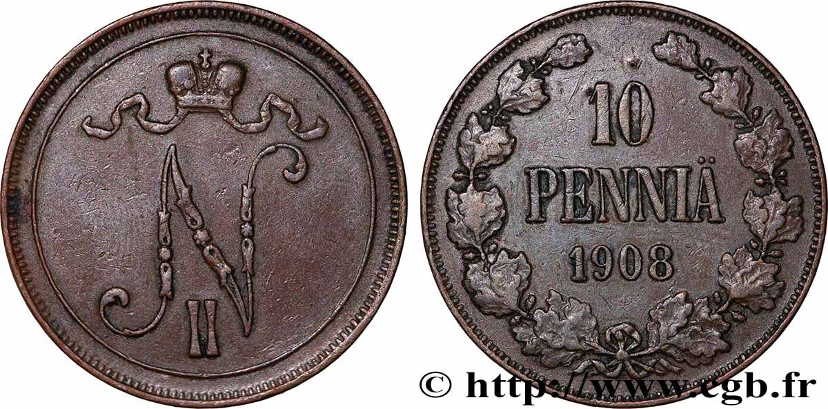 FINLANDE 10 Pennia monogramme Tsar Nicolas II 1908  TTB 