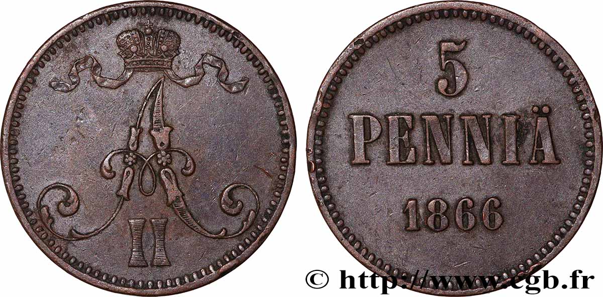 FINLAND 5 Pennia monogramme Tsar Alexandre III 1866  AU 