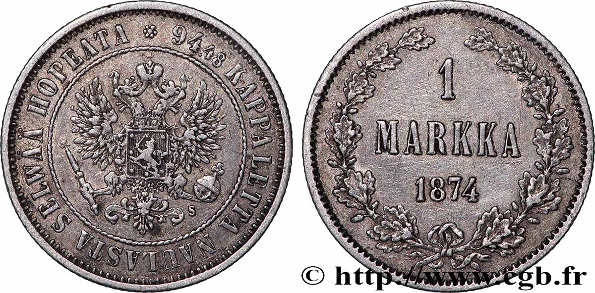 FINLANDE 1 Markka Administration Russe 1874 Helsinki TTB 