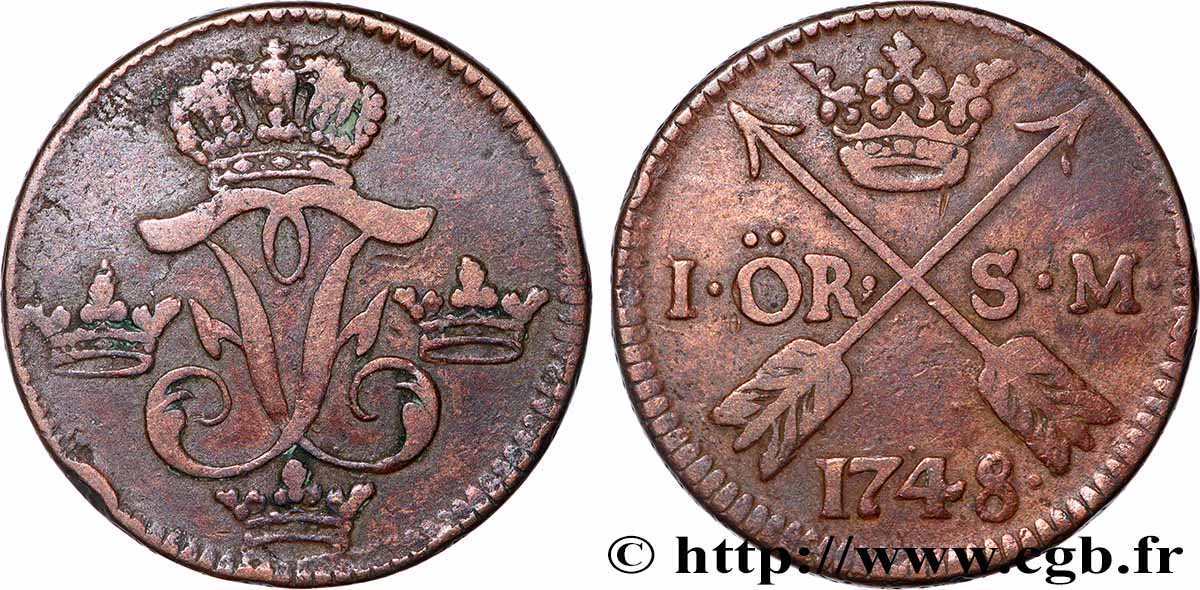 SUÈDE 1 Ore 1748 Stockholm TB+ 