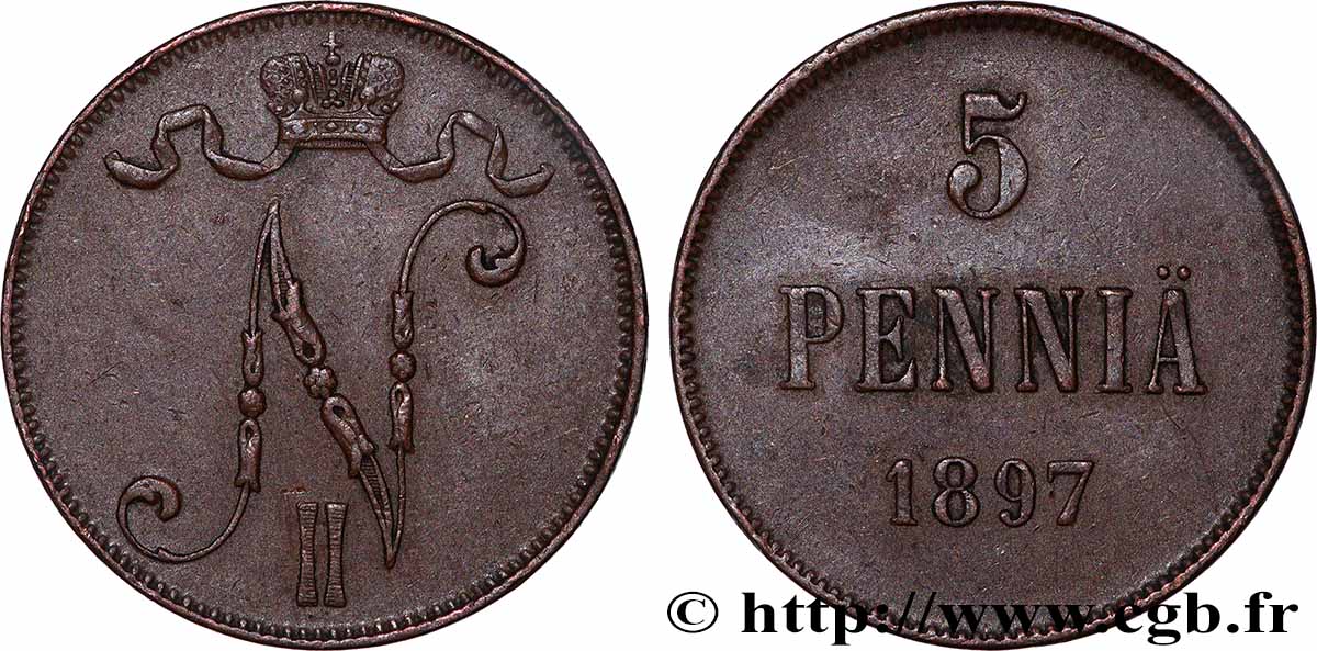 FINLANDE 5 Pennia monogramme Tsar Nicolas II 1897  TTB 