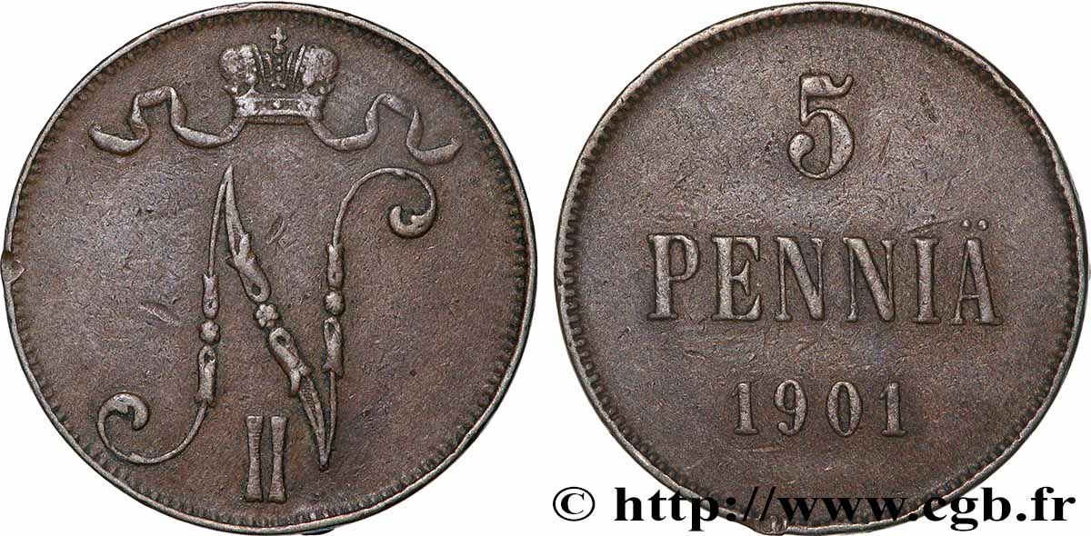 FINLAND 5 Pennia monogramme Tsar Nicolas II 1901  XF 
