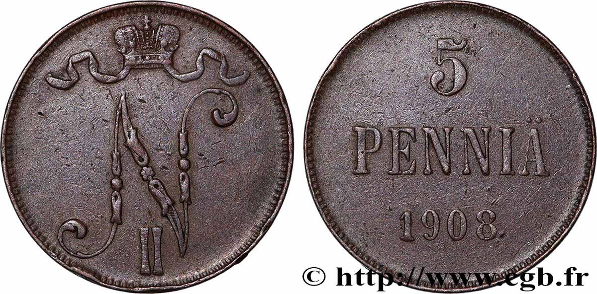FINLAND 5 Pennia monogramme Tsar Nicolas II 1908  XF 