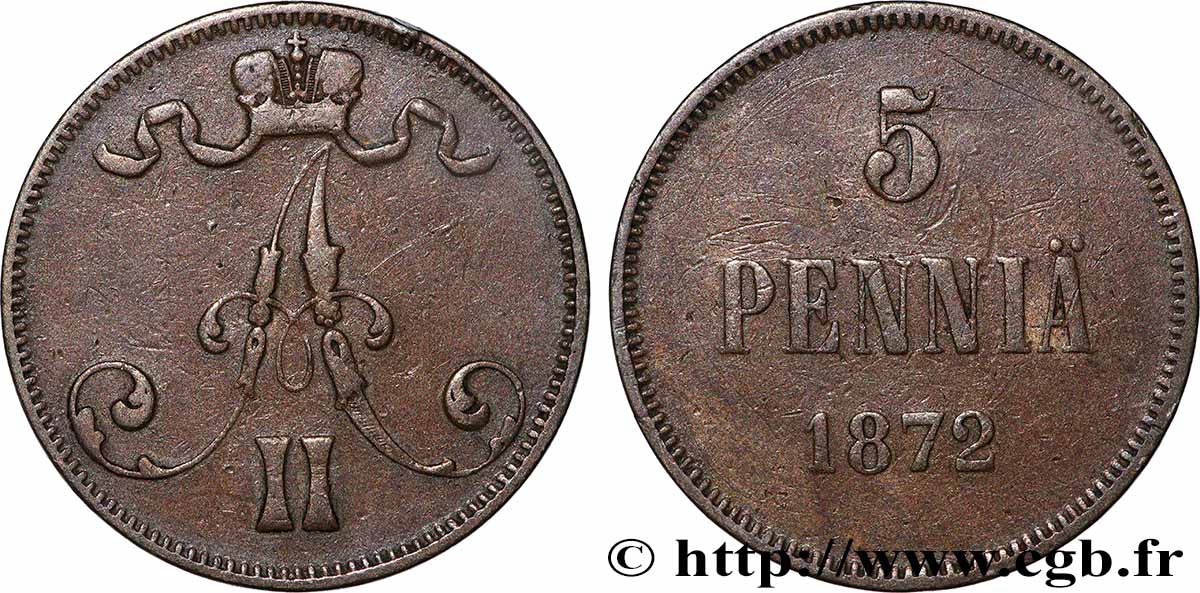 FINLANDE 5 Pennia Tsar Alexandre III 1872  TTB 