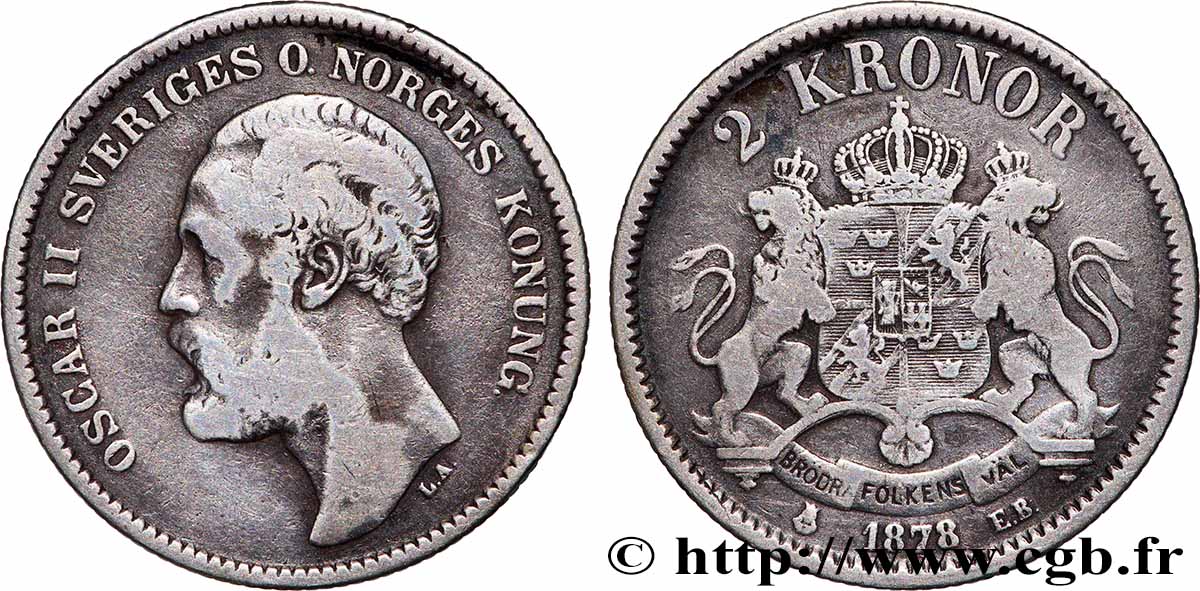 SWEDEN 2 Kronor Oscar II 1878  VF 
