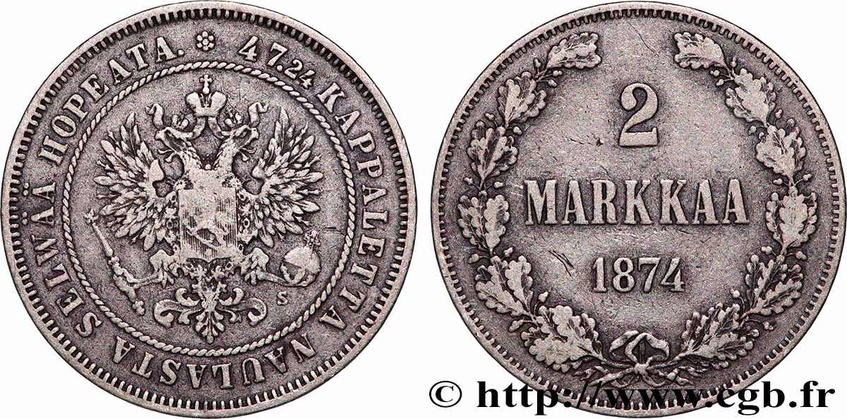 FINLAND 2 Markkaa aigle bicéphale 1874 Helsinki XF 