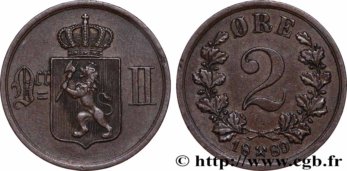 NORVÈGE 2 Ore Oscar II 1889 Kongsberg TTB 