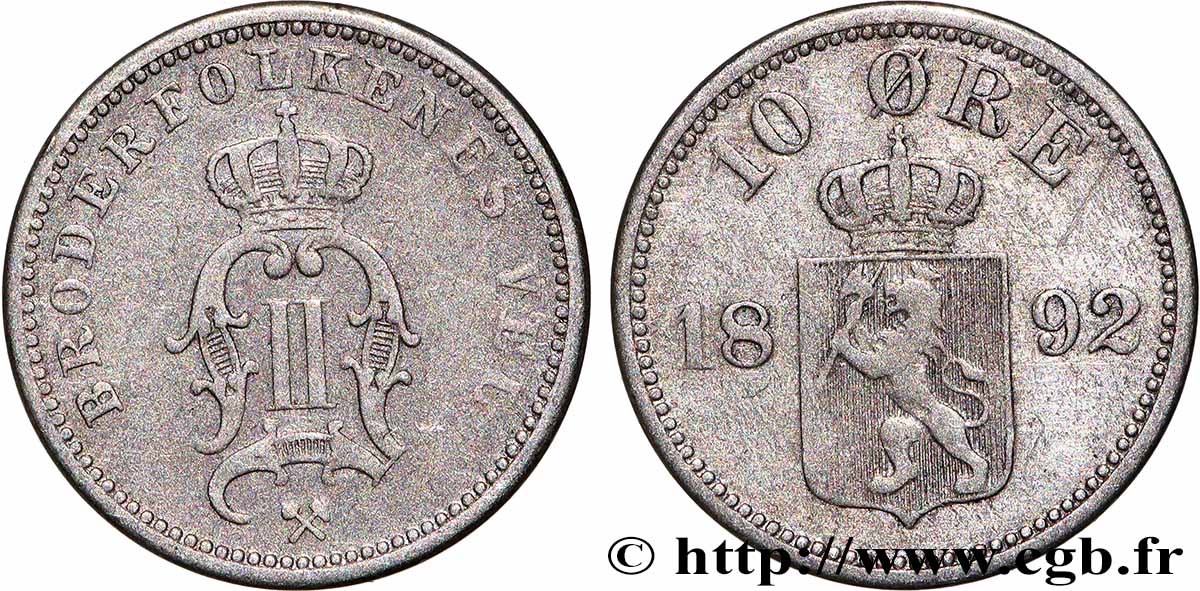 NORWAY 10 Ore Oscar II 1892 Kronsberg XF 