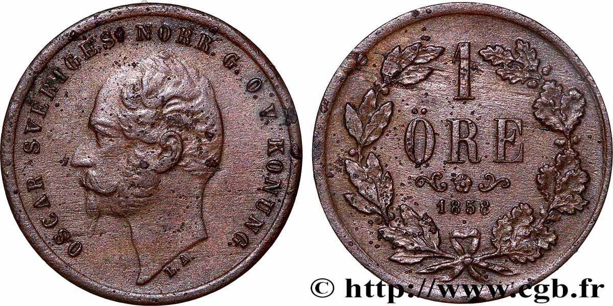 SWEDEN 1 Ore Oscar I 1858  XF 