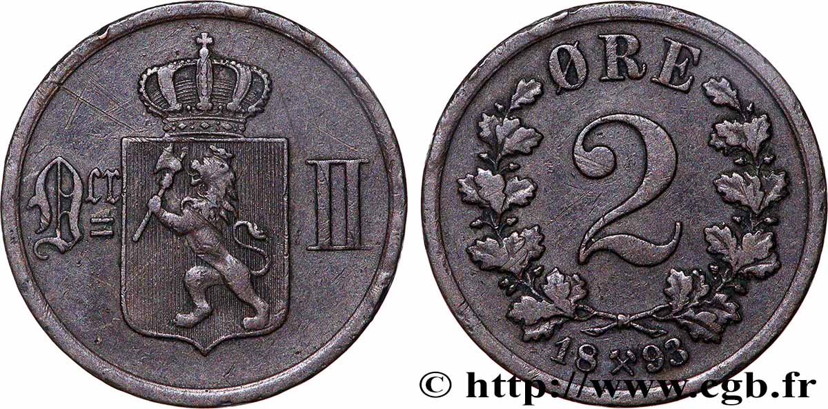 NORVEGIA 2 Ore Oscar II 1893 Kongsberg BB 