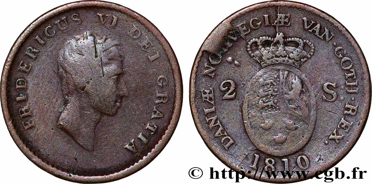 DENMARK 2 Skilling Frédéric VI 1810 Copenhague VF 
