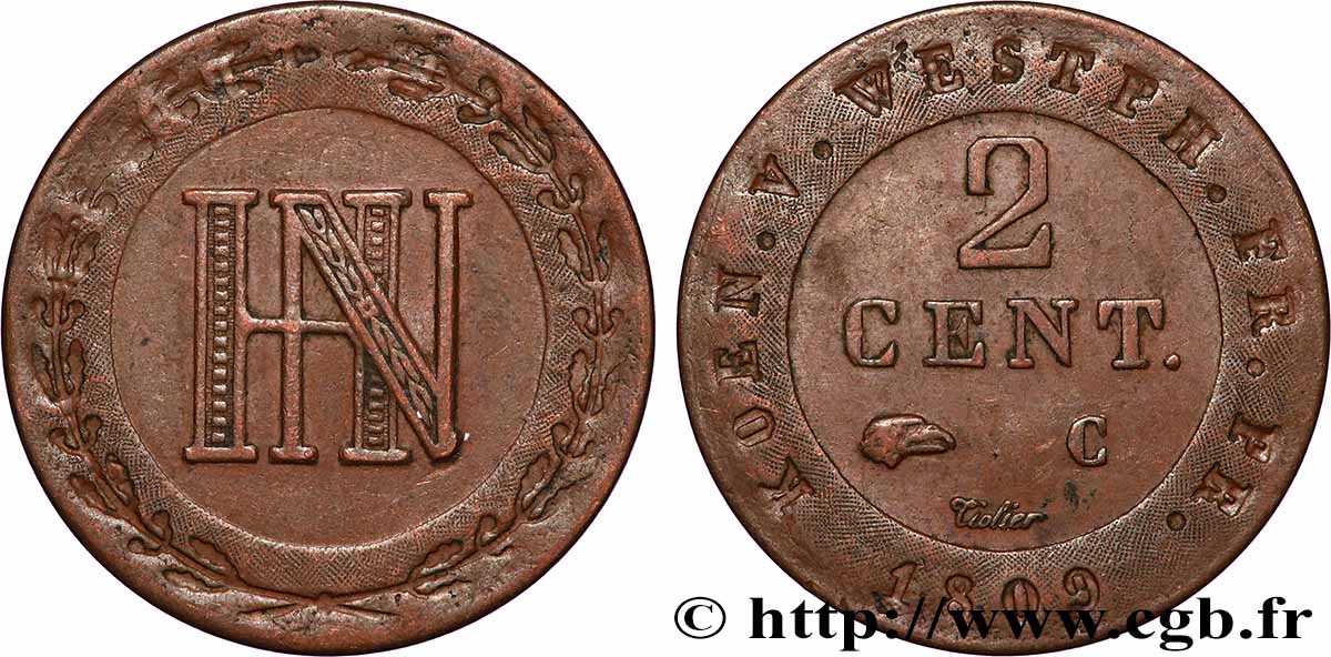 GERMANY - KINGDOM OF WESTPHALIA 2 Centimes Jérôme Napoléon 1809 Cassel XF 