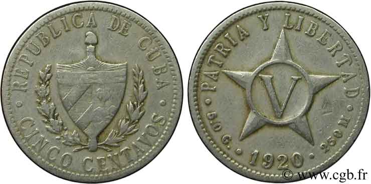 CUBA 5 Centavos emblème 1920  VF 