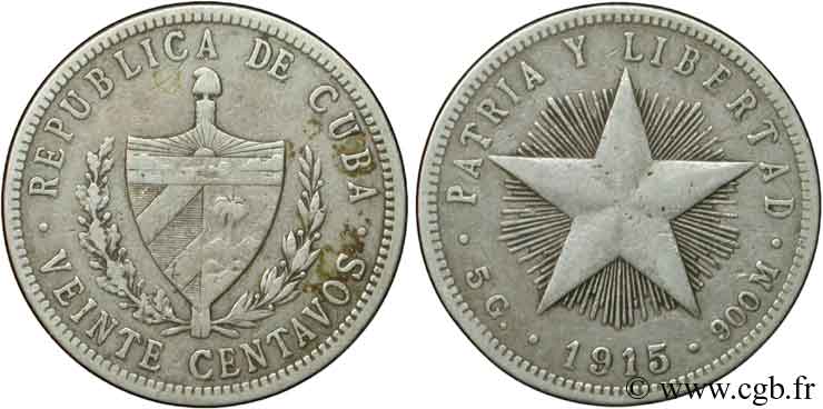 KUBA 20 Centavos emblème / étoile 1915  fSS 