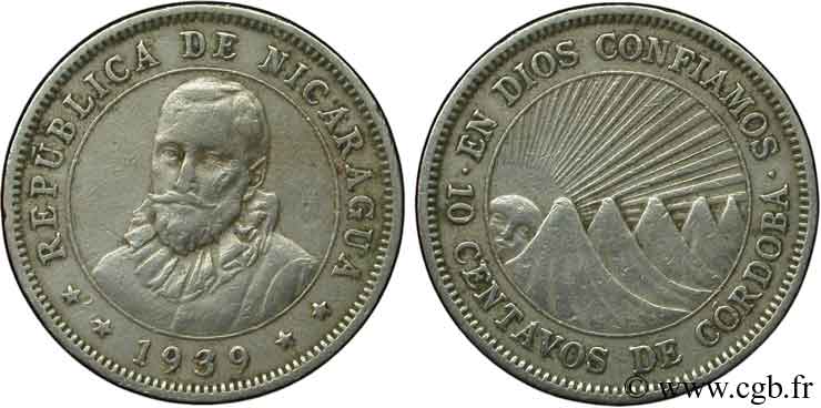 NICARAGUA 10 Centavos Francisco Nunez de Cordoba 1939  XF 