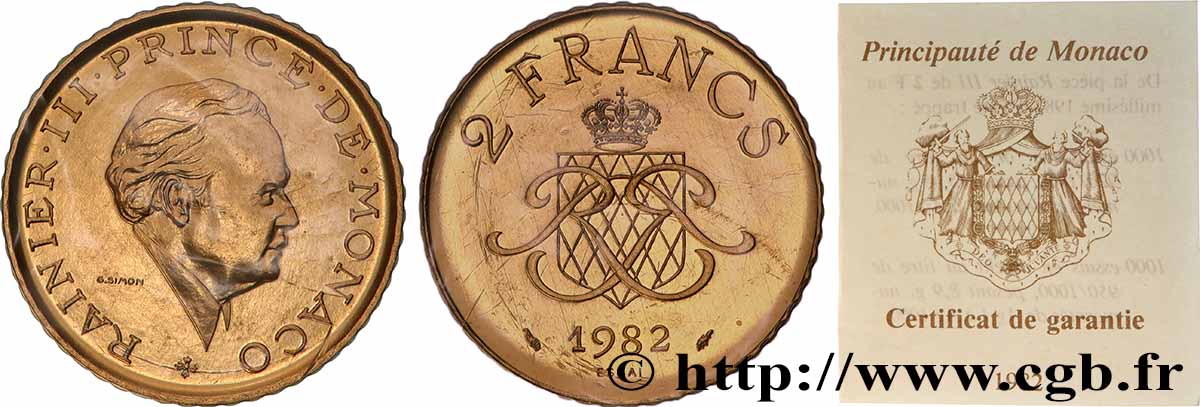 MONACO - PRINCIPATO DI MONACO - RANIERI III Essai 2 Francs en or 1982 Paris FDC 