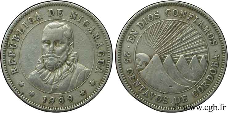 NICARAGUA 25 Centavos Francisco Nunez de Cordoba 1939  XF 