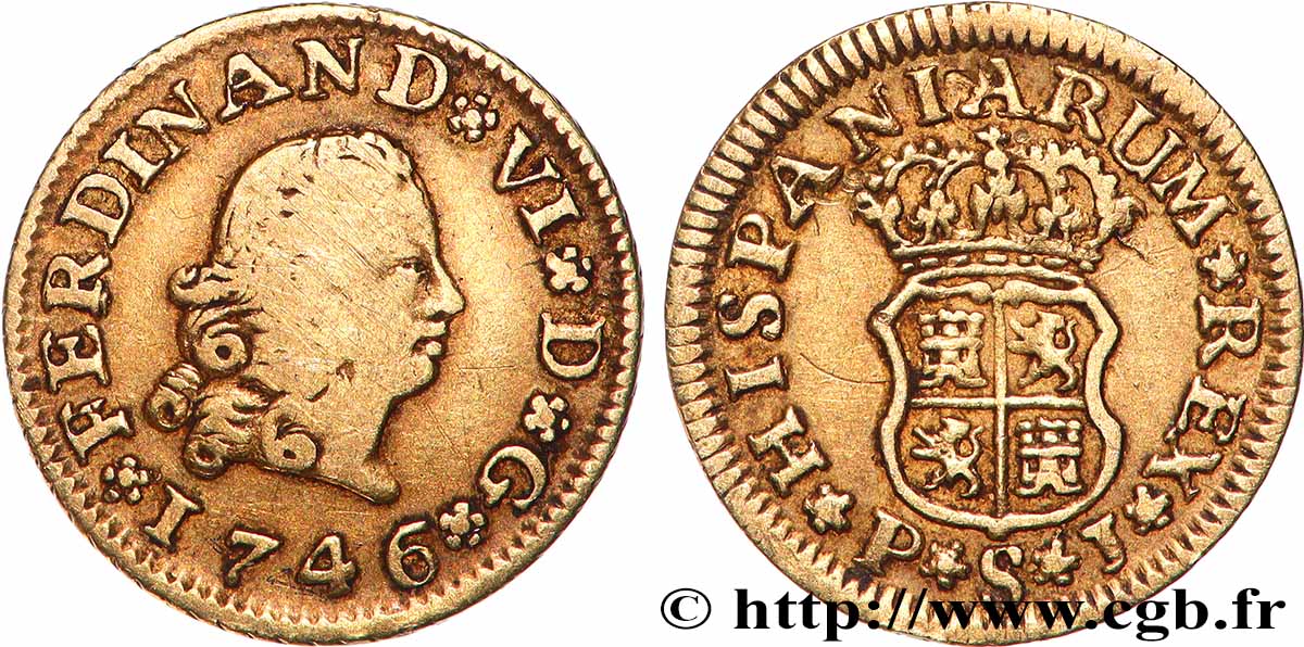 ESPAGNE - ROYAUME D&nbsp;ESPAGNE - PHILIPPE V DE BOURBON 1/2 Escudo  1746 Madrid TTB 
