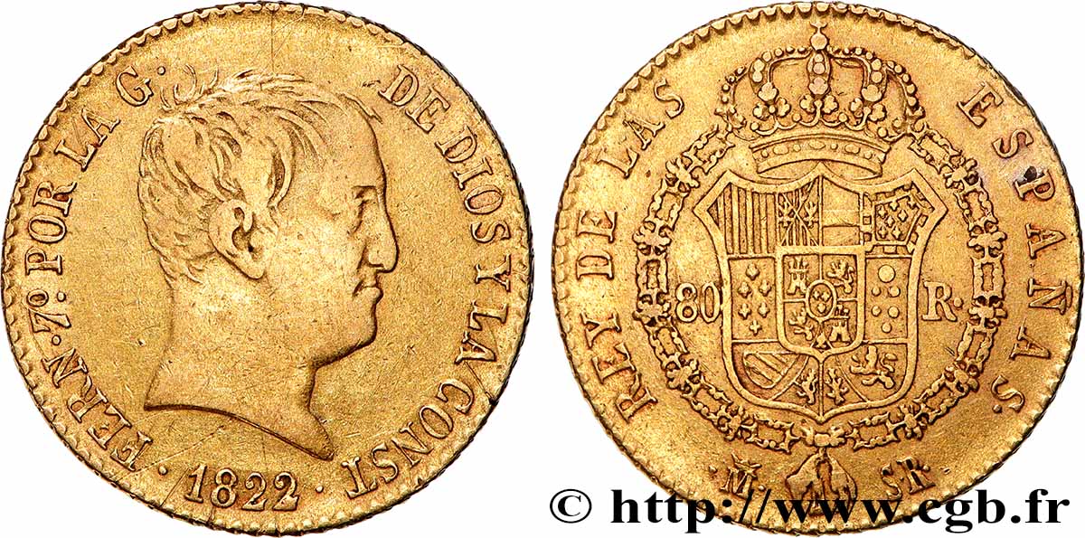 SPAIN - KINGDOM OF SPAIN - FERDINAND VII 80 Reales 1822 Madrid VF 