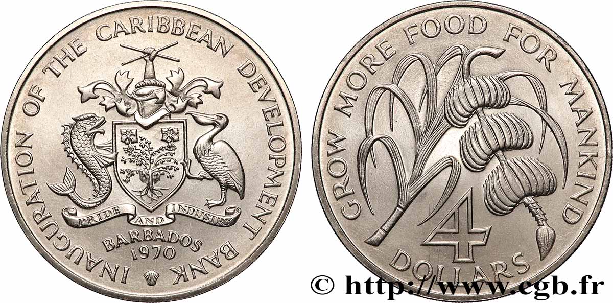 BARBADOS 4 Dollars Inauguration de la Banque de Développement des Caraïbes 1970 Londres VZ 