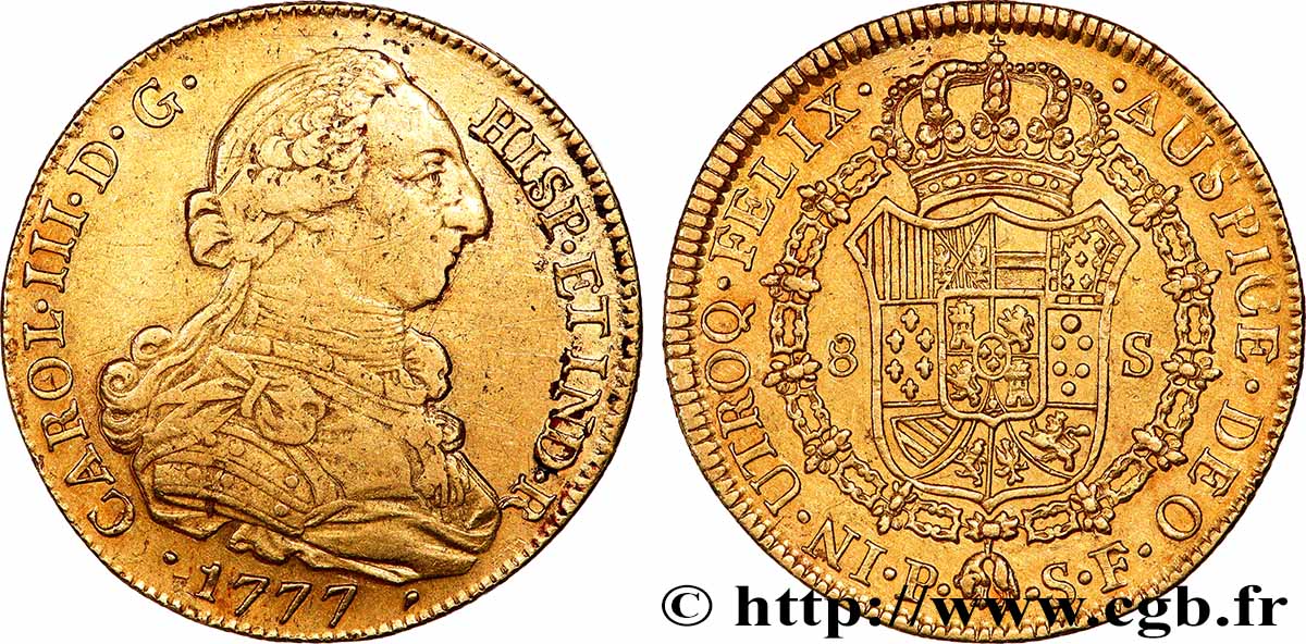 COLOMBIE - CHARLES III D&nbsp;ESPAGNE 8 Escudos 1777 Popayan TTB 