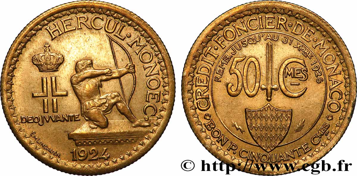 MONACO 50 Centimes émission du Crédit Foncier de Monaco 1924 Poissy XF 