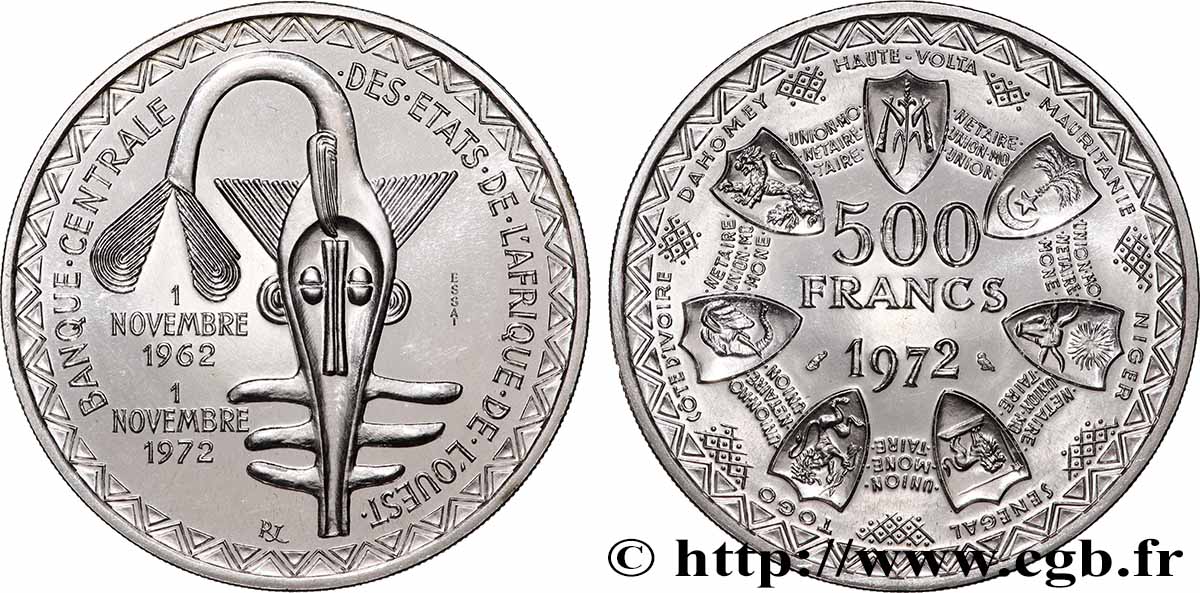 ÉTATS DE L&nbsp;AFRIQUE DE L&nbsp;OUEST (BCEAO) Essai 500 Francs 1972 Paris SPL 